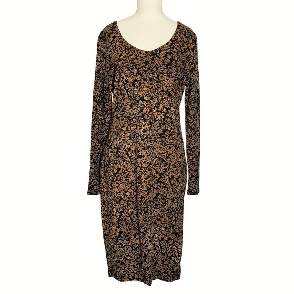 Peruvian Connection Sheath Dress Long Sleeve Brown Black Knee Length Women's M